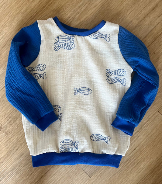 Musselin Sweater Fische / Kobalt