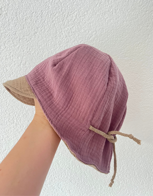 Musselin Hut, Sommerhut mit Nackenschutz, Colourblock mauve / beige