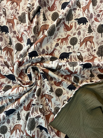 Musselin Sweat Decke Waldtiere / Kaki