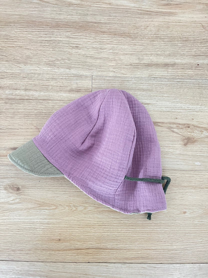 Musselin Hut, Sommerhut mit Nackenschutz, Colourblock mauve / altgrün