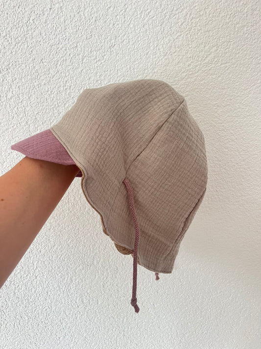 Musselin Hut, Sommerhut mit Nackenschutz, Colourblock beige / mauve